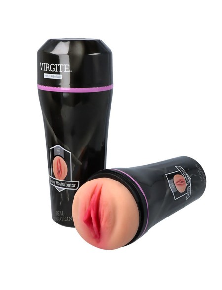 Masturbatore maschile Virgite con guscio nero discreto e interno in vagina realistica.